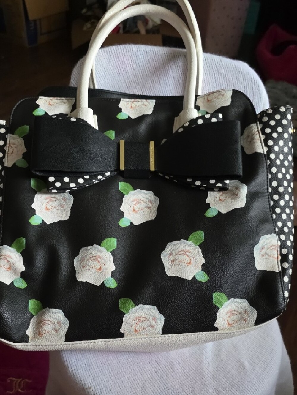 Betsey Johnson Black Floral Tote with White Rose Print and Bow Accent NWOT - Picture 10 of 10